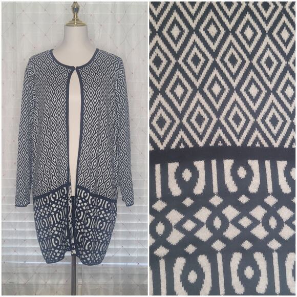 Kasper Black White Geometric Tribal‎ Long Sleeve Lagenlook Tunic Cardigan 2X - Picture 1 of 7
